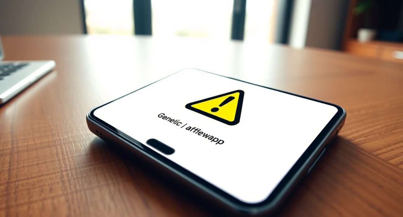 Smartphone on a desk displaying a warning icon over a generic app, representing a fraudulent crypto wallet app.