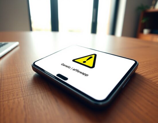 Smartphone on a desk displaying a warning icon over a generic app, representing a fraudulent crypto wallet app.