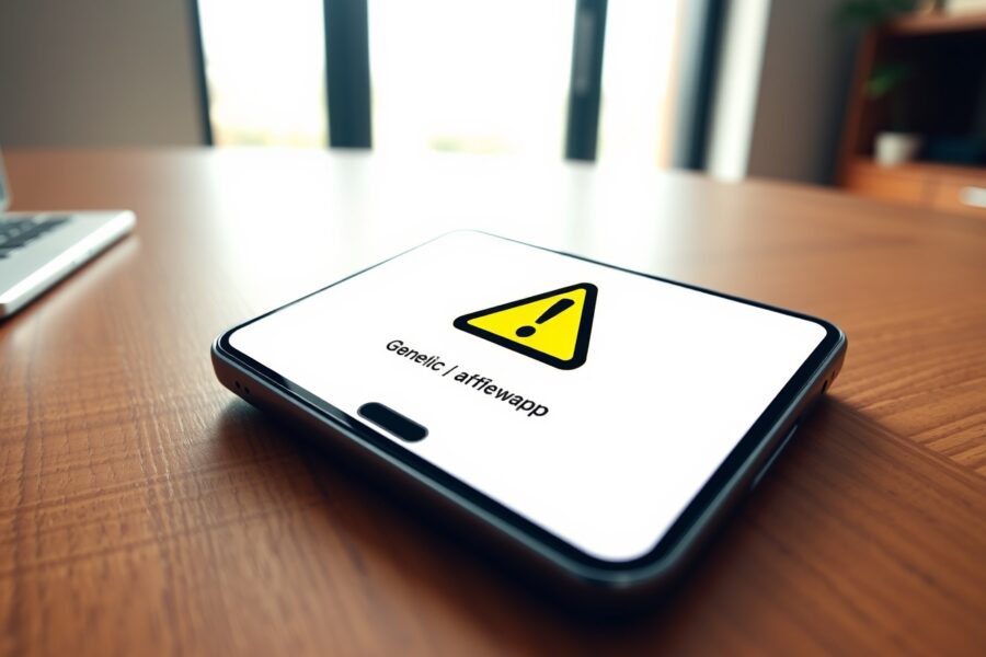 Smartphone on a desk displaying a warning icon over a generic app, representing a fraudulent crypto wallet app.