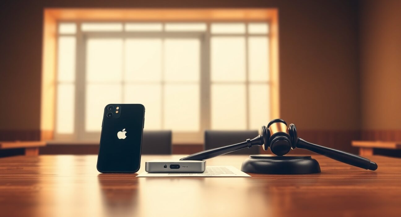 Courtroom scene representing Apple's lawsuit against OpenAI over trade secret theft allegations.
