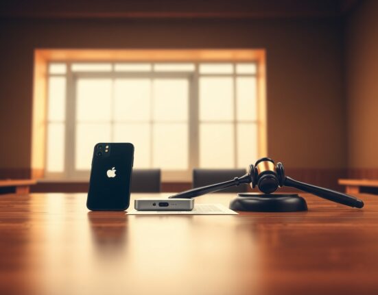 Courtroom scene with an iPhone and a hardware device on a table next to a gavel and legal documents.