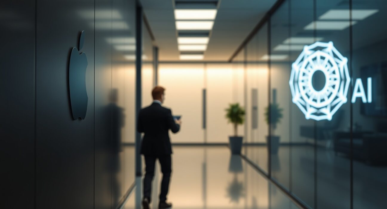 A professional man walking away from an Apple logo toward an OpenAI logo in a modern office hallway.
