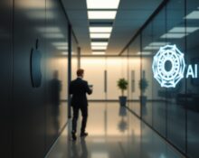 A professional man walking away from an Apple logo toward an OpenAI logo in a modern office hallway.