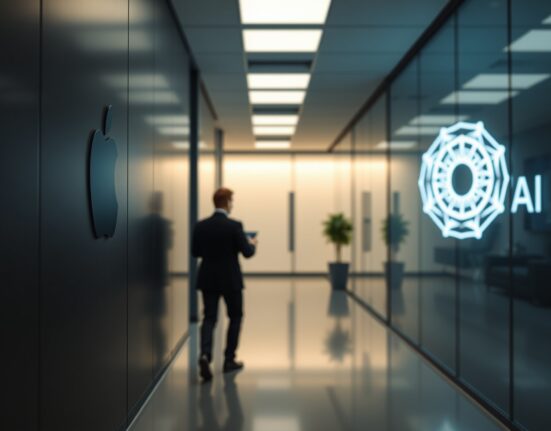 A professional man walking away from an Apple logo toward an OpenAI logo in a modern office hallway.