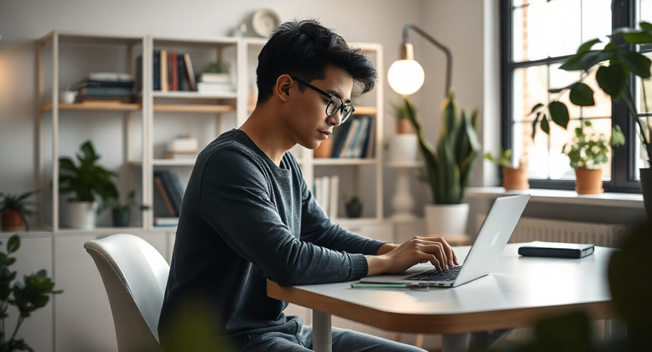 Young developer working on a laptop in a modern home office, representing indie app creators