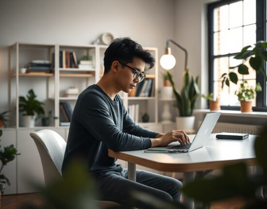 Young developer working on a laptop in a modern home office, representing indie app creators