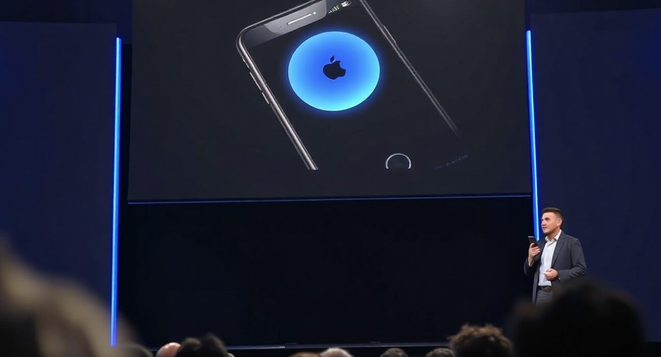Apple WWDC 2026 keynote stage with Siri AI demo on screen and presenter holding iPhone