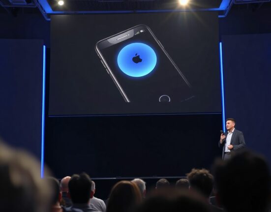 Apple WWDC 2026 keynote stage with Siri AI demo on screen and presenter holding iPhone