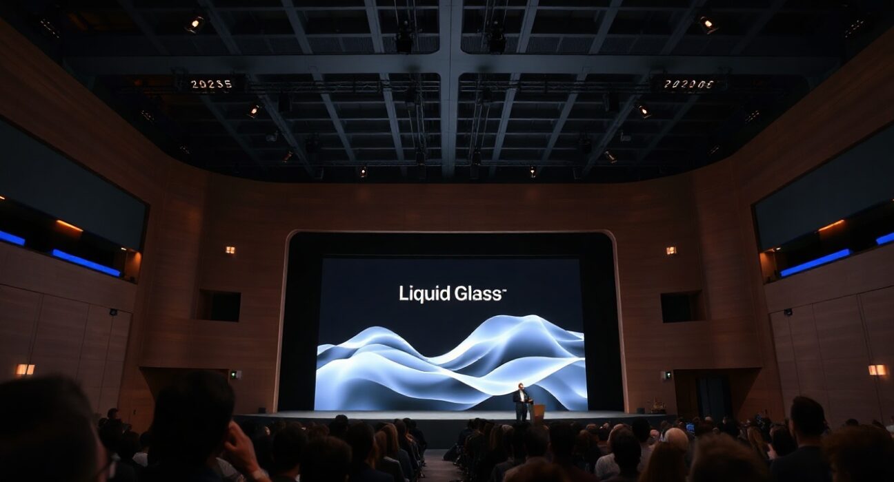 Apple WWDC 2026 keynote stage with Craig Federighi presenting Liquid Glass design updates