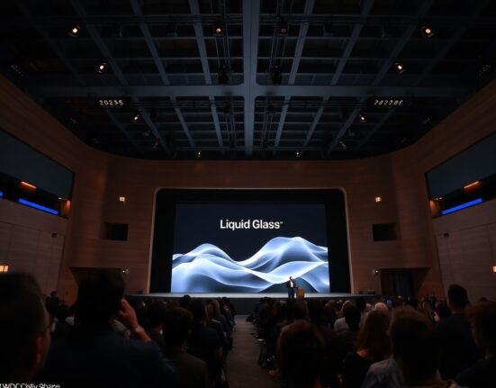 Apple WWDC 2026 keynote stage with Craig Federighi presenting Liquid Glass design updates