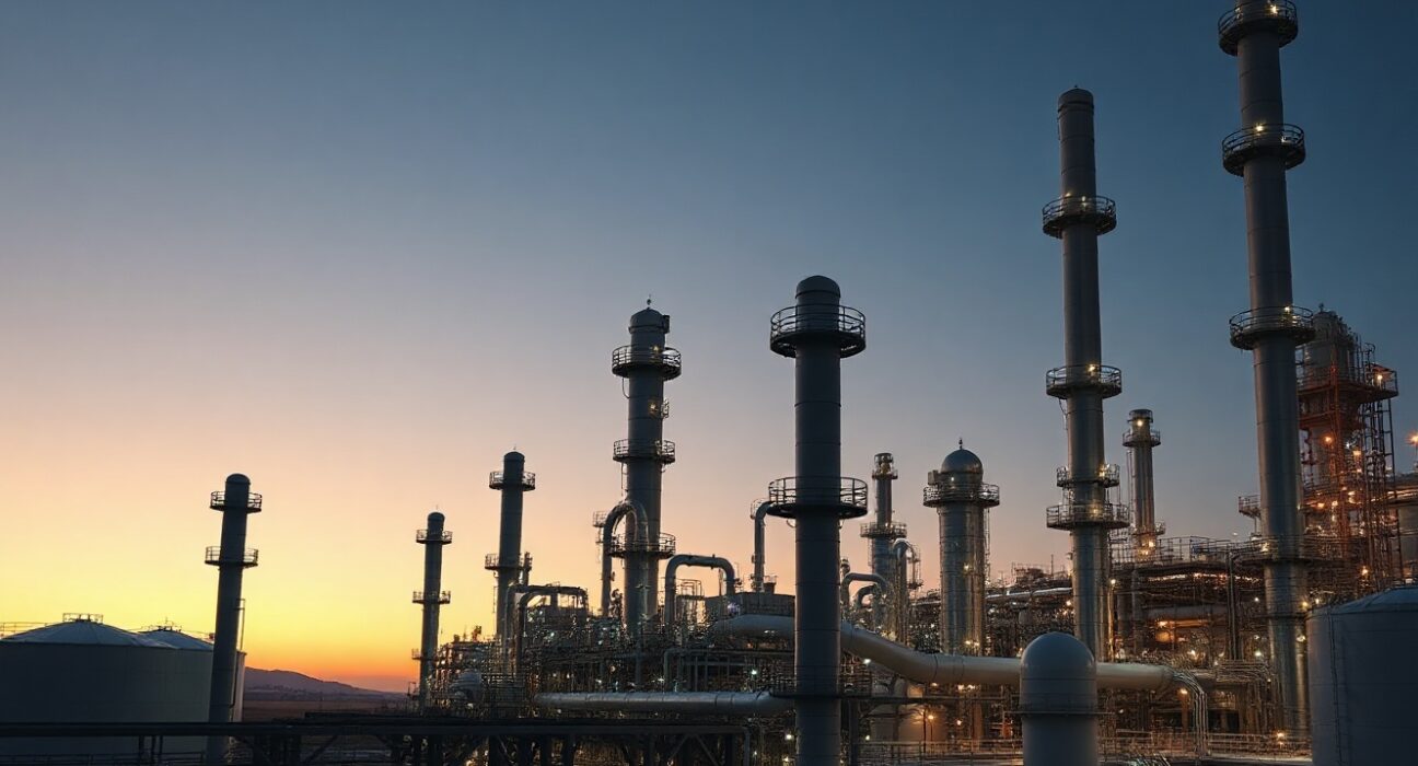 Aerial view of an oil refinery at dusk with illuminated towers and pipes