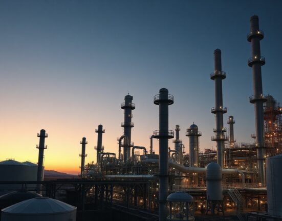 Aerial view of an oil refinery at dusk with illuminated towers and pipes