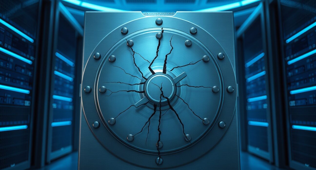 Digital vault breach representing April 2025's massive crypto hack losses and DeFi security vulnerabilities.