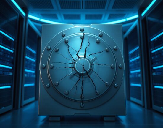 Digital vault breach representing April 2025's massive crypto hack losses and DeFi security vulnerabilities.