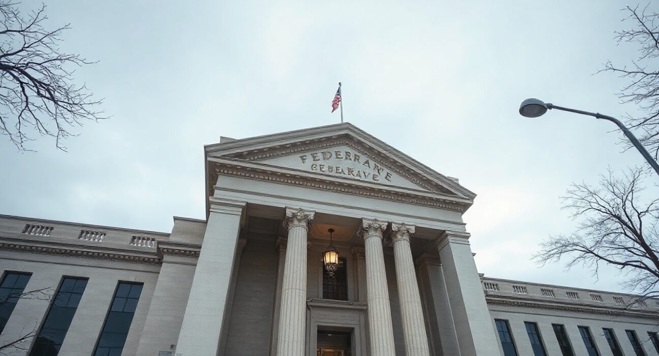 Exterior of the Federal Reserve building in Washington D.C. on a cloudy day, representing monetary policy and inflation.