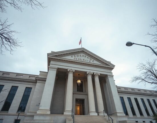 Exterior of the Federal Reserve building in Washington D.C. on a cloudy day, representing monetary policy and inflation.