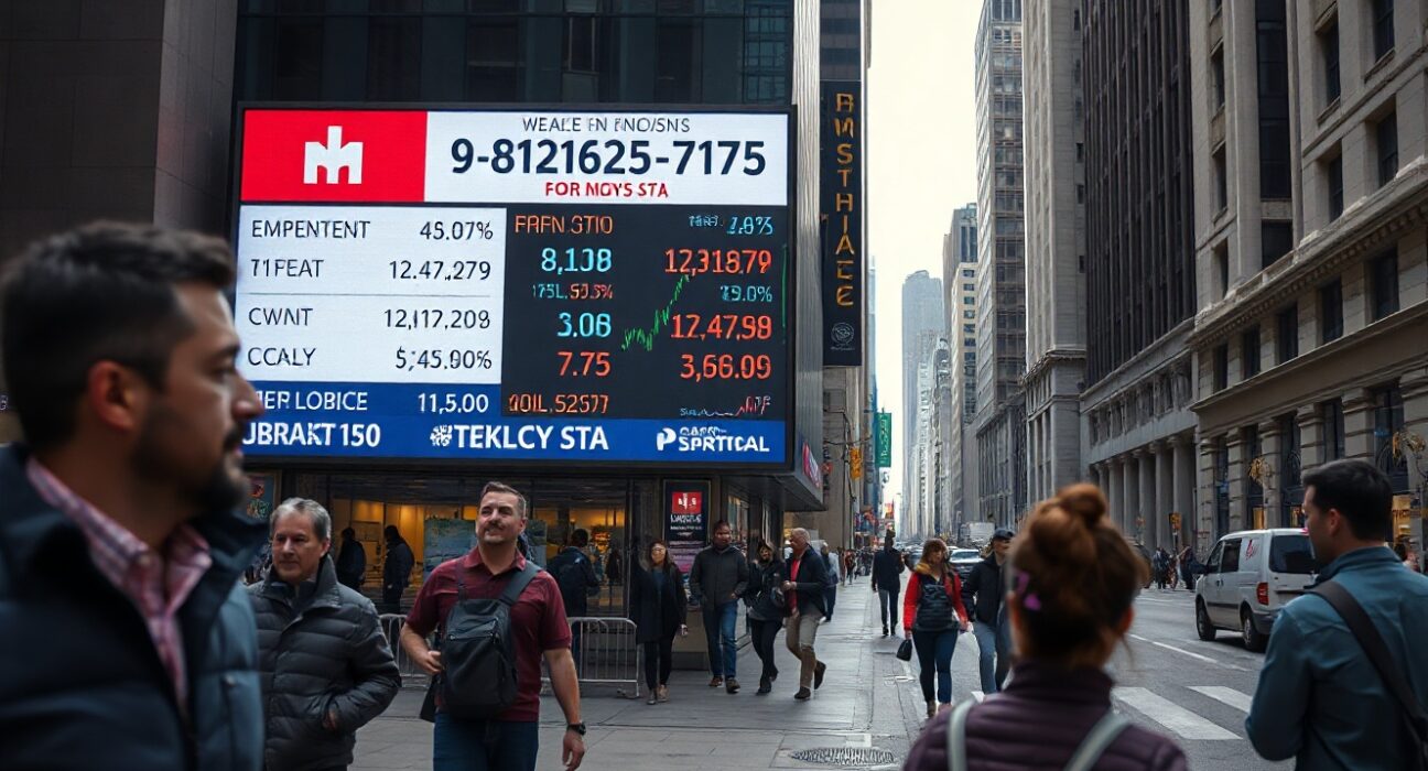 Commuters walk past a digital display showing stock market and employment data during morning rush hour in a US city.
