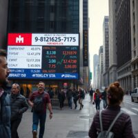 Commuters walk past a digital display showing stock market and employment data during morning rush hour in a US city.