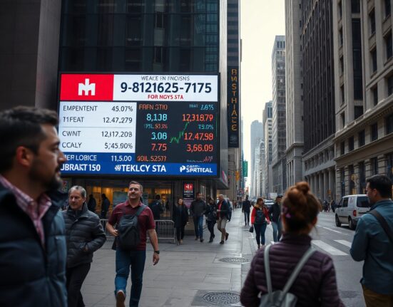 Commuters walk past a digital display showing stock market and employment data during morning rush hour in a US city.