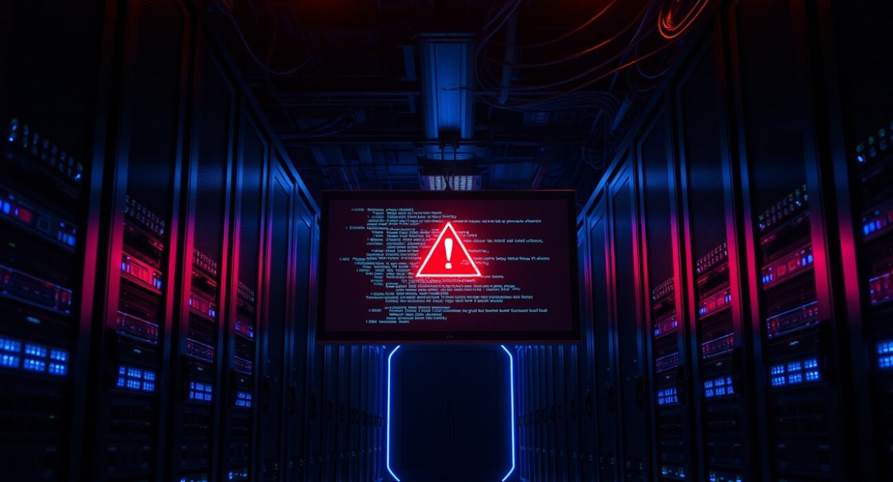 A dark server room with a glowing monitor displaying a cybersecurity alert, representing a major crypto hack event.