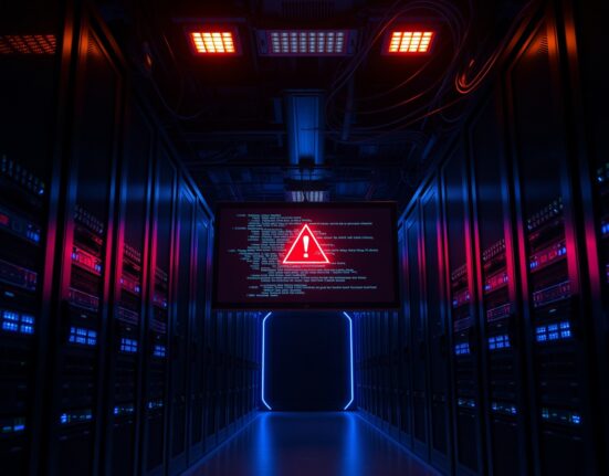 A dark server room with a glowing monitor displaying a cybersecurity alert, representing a major crypto hack event.