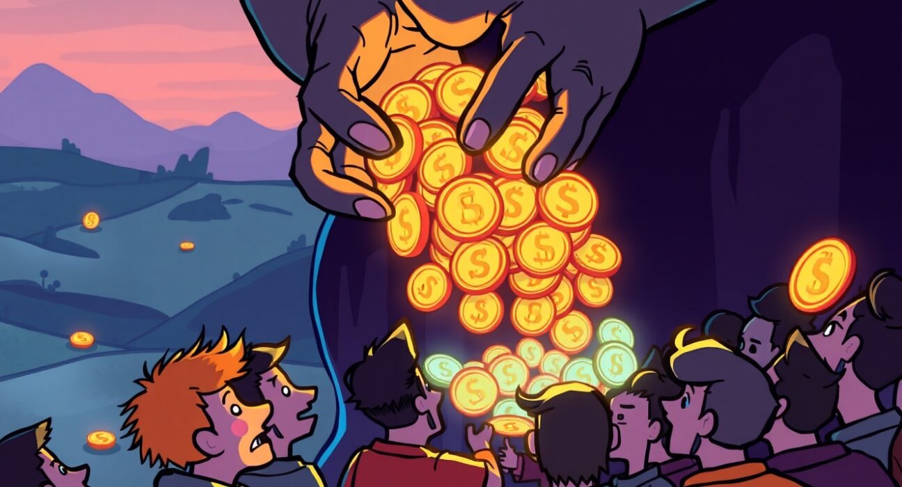 Cartoon showing a large entity unfairly claiming most of the Apriori airdrop tokens, highlighting a Sybil attack.