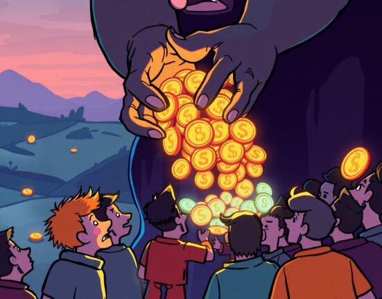 Cartoon showing a large entity unfairly claiming most of the Apriori airdrop tokens, highlighting a Sybil attack.