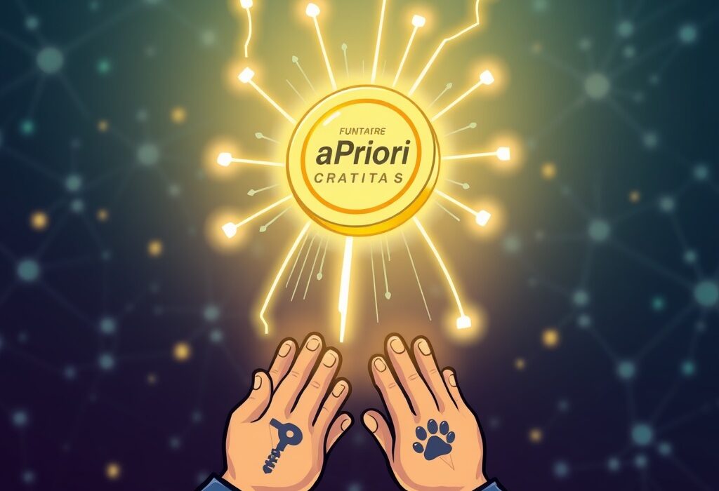 Cartoon illustration of aPriori funding success, showing digital currency being invested by venture capital firms, symbolizing growth and innovation in the blockchain space.