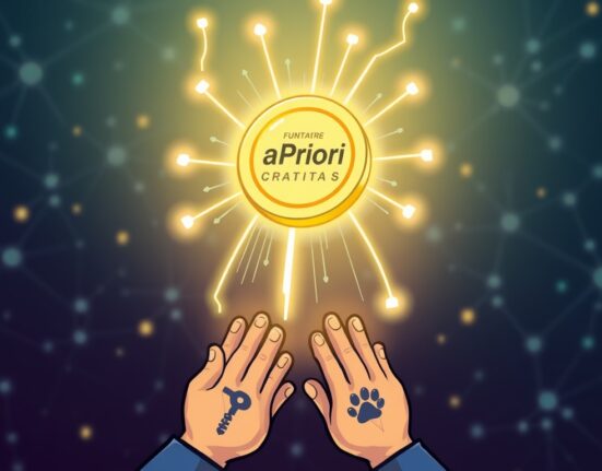 Cartoon illustration of aPriori funding success, showing digital currency being invested by venture capital firms, symbolizing growth and innovation in the blockchain space.