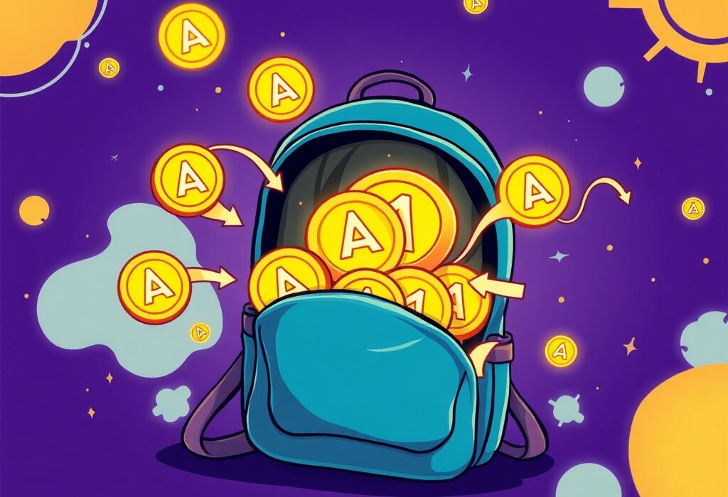 Cartoon showing Aptos coins entering a digital backpack, symbolizing the Aptos Backpack Exchange integration for enhanced trading.