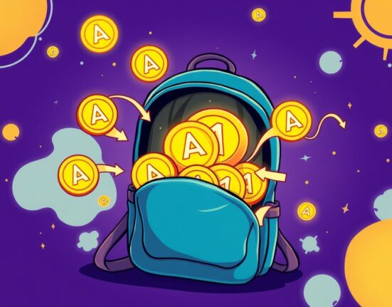 Cartoon showing Aptos coins entering a digital backpack, symbolizing the Aptos Backpack Exchange integration for enhanced trading.