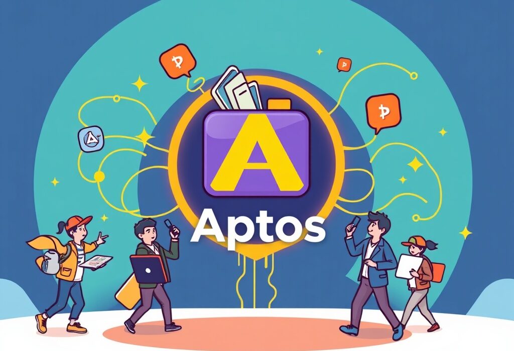 Cartoon illustration showing Circle Wallet connecting with the Aptos blockchain, symbolizing seamless Aptos integration for developers.