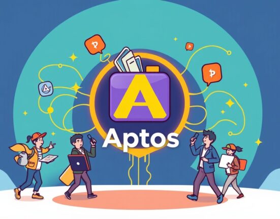 Cartoon illustration showing Circle Wallet connecting with the Aptos blockchain, symbolizing seamless Aptos integration for developers.
