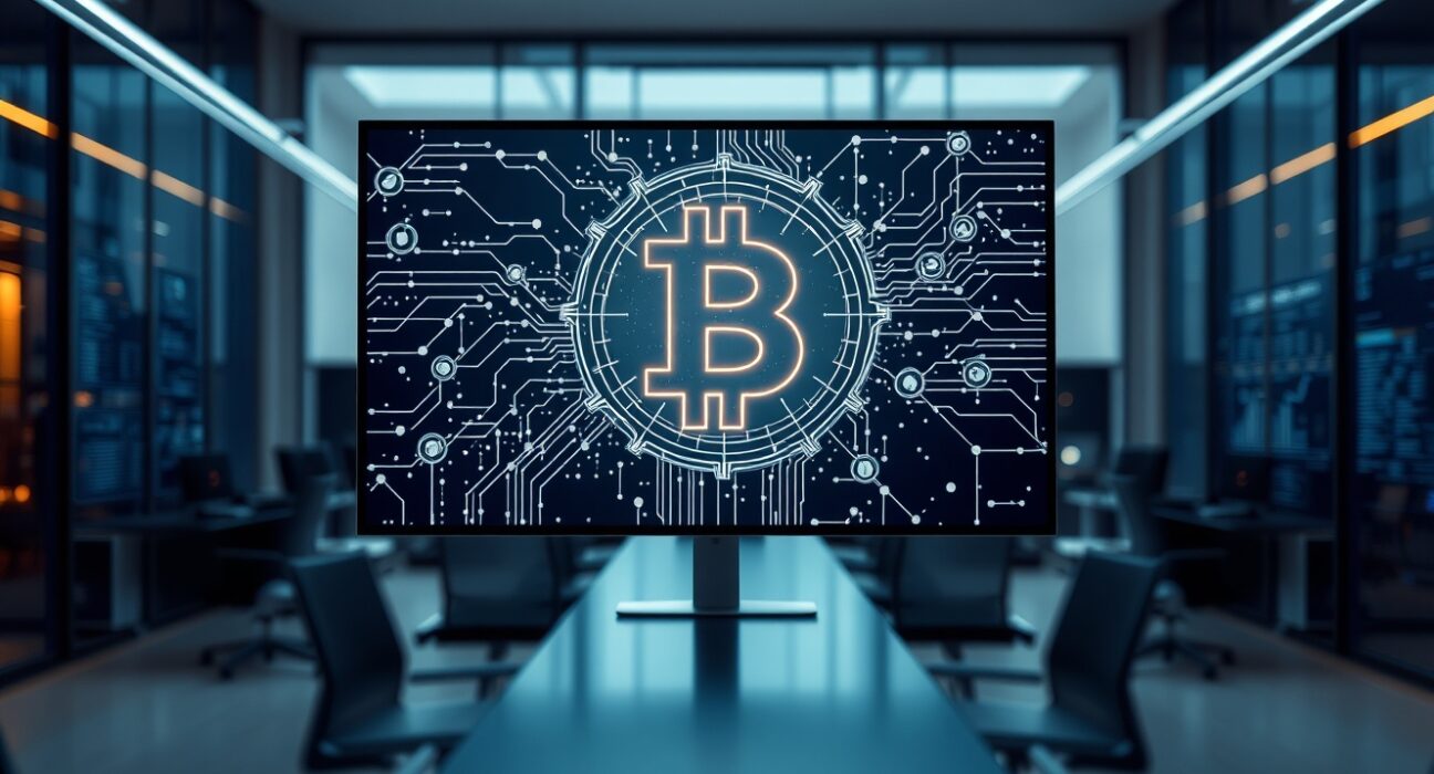 Modern office with digital screen showing blockchain and AI data network graphics