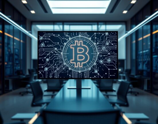 Modern office with digital screen showing blockchain and AI data network graphics
