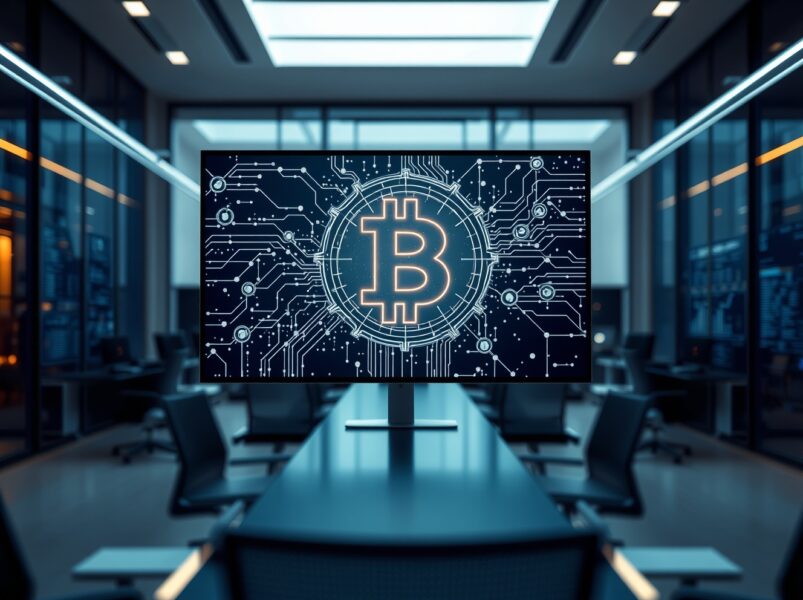 Modern office with digital screen showing blockchain and AI data network graphics