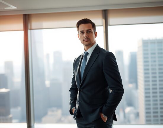 Aptos Labs CEO Avery Ching in a modern office with city skyline background
