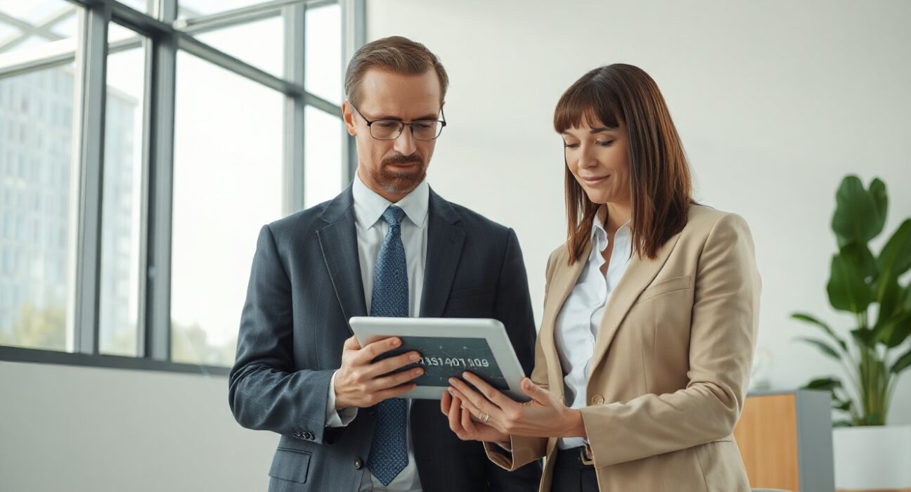 Professionals reviewing a secure transaction on a tablet in a bright office, symbolizing confidential blockchain payments