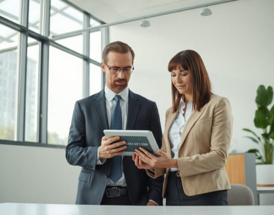 Professionals reviewing a secure transaction on a tablet in a bright office, symbolizing confidential blockchain payments