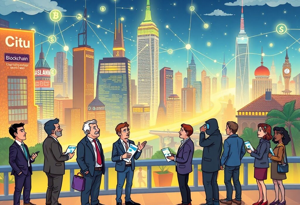 A cartoon illustration showing a partnership between a traditional business and blockchain technology, symbolizing the Money Movement ecosystem built with Aptos.