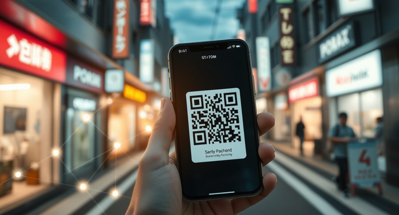 Person using a smartphone with a QR code payment interface in a modern Japanese city street, representing the Aptos and Netstars partnership.