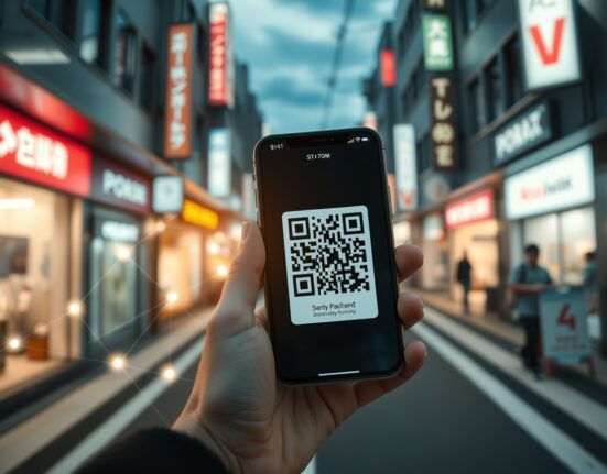 Person using a smartphone with a QR code payment interface in a modern Japanese city street, representing the Aptos and Netstars partnership.