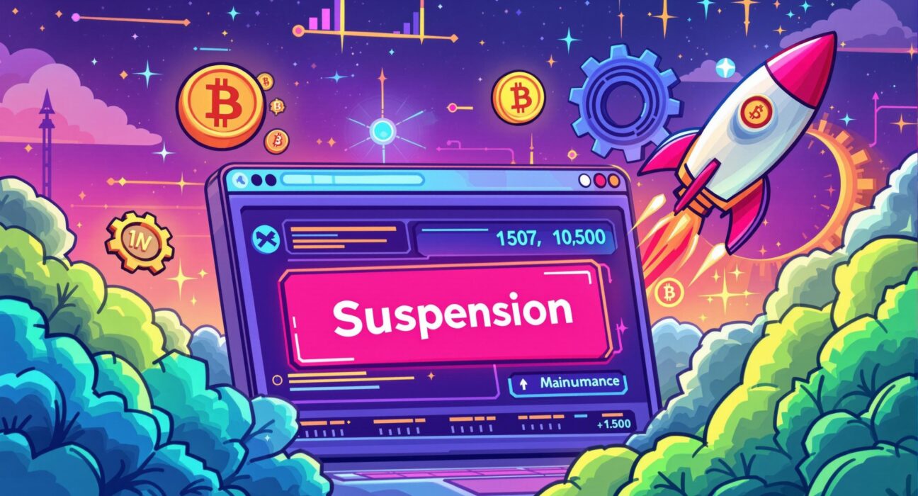 Cartoon illustration depicting Bithumb's temporary suspension of APT services for an Aptos network upgrade.