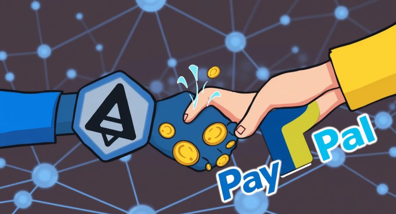 A cartoon illustration showing the secure and fast integration of Aptos PYUSD with PayPal's stablecoin, symbolizing a new era for digital payments.
