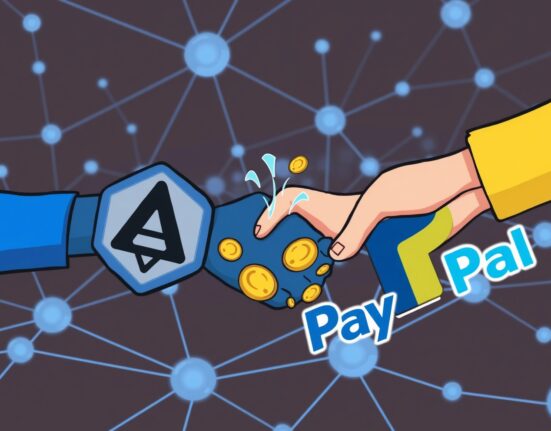 A cartoon illustration showing the secure and fast integration of Aptos PYUSD with PayPal's stablecoin, symbolizing a new era for digital payments.