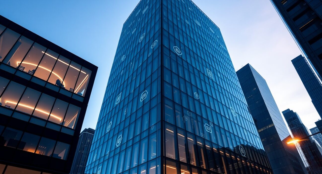 Modern glass office building with digital blockchain patterns symbolizing institutional tokenization partnership between Aptos and tZERO.