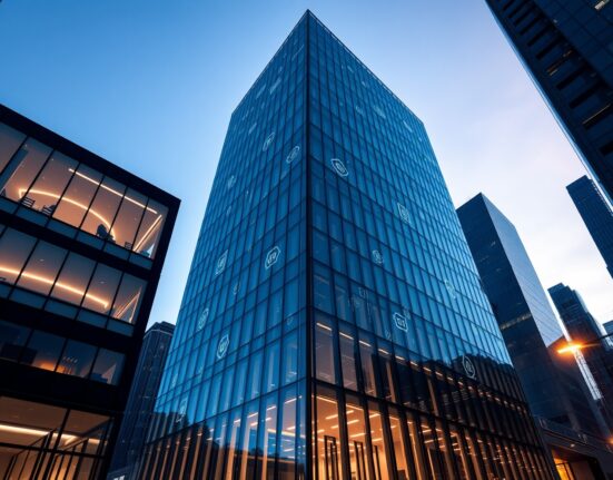 Modern glass office building with digital blockchain patterns symbolizing institutional tokenization partnership between Aptos and tZERO.