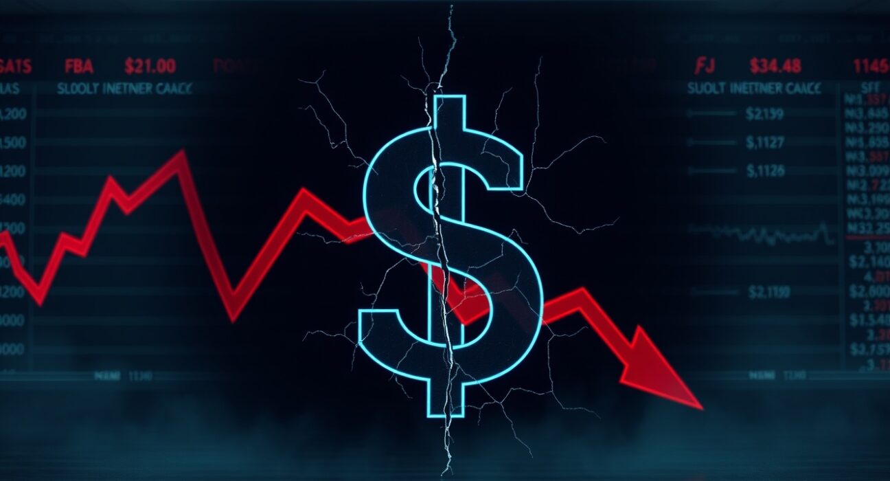 Cracked digital dollar symbol with downward red arrow graph on dark financial background