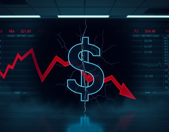 Cracked digital dollar symbol with downward red arrow graph on dark financial background