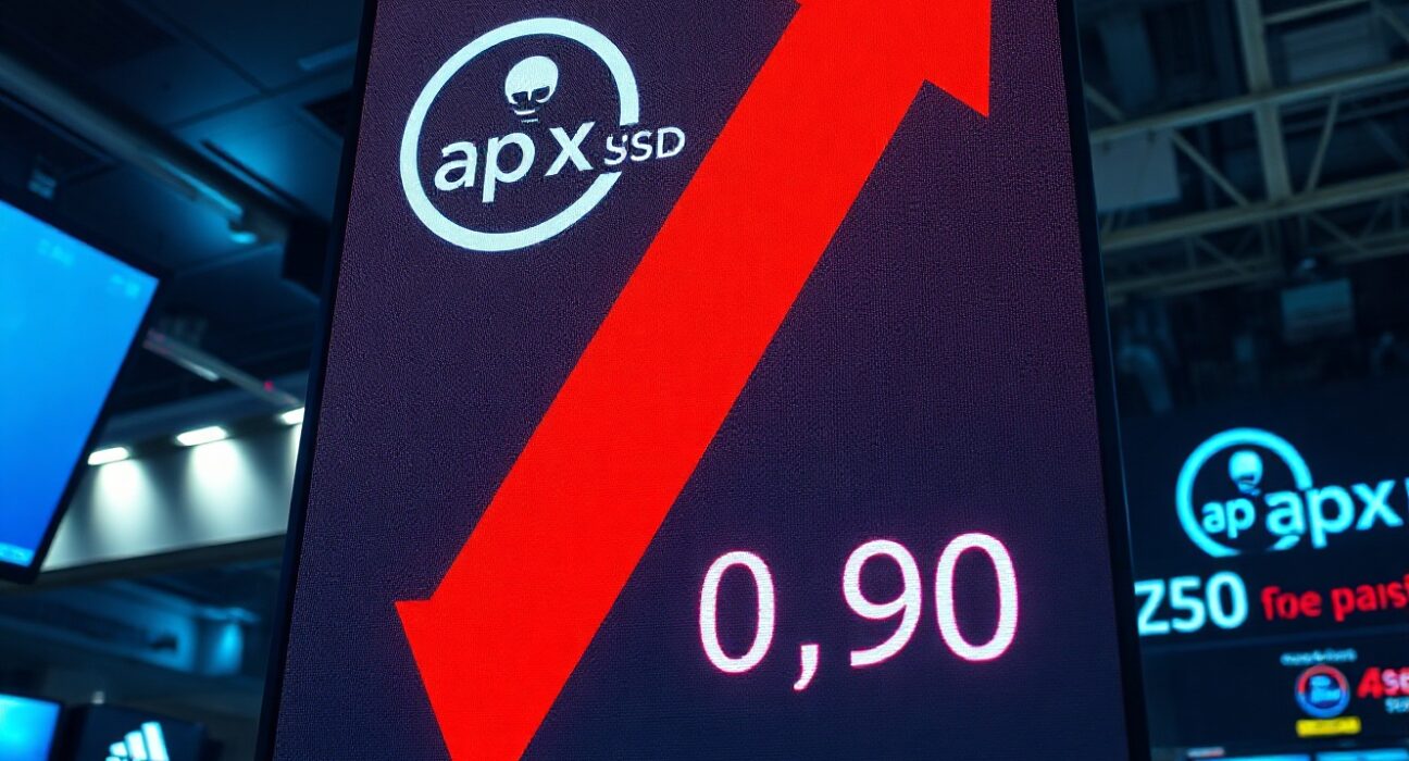Digital display showing apxUSD stablecoin price drop to $0.90 with a red arrow in a financial newsroom.
